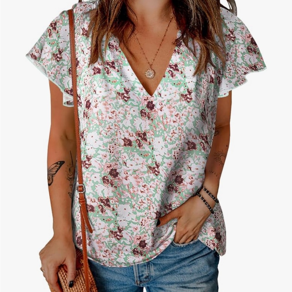 SimpleFun Women's Boho Tops Floral V Neck Short Sleeve Summer Blouse, Size 2XL